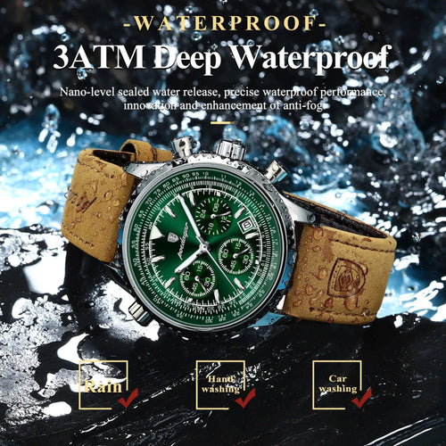 Mandotos POEDAGAR men's luxury quartz chronograph watch with waterproof leather strap and luminous military sports style design.