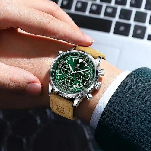 Mandotos POEDAGAR men's luxury quartz chronograph watch with waterproof leather strap, luminous dial, military sports style.