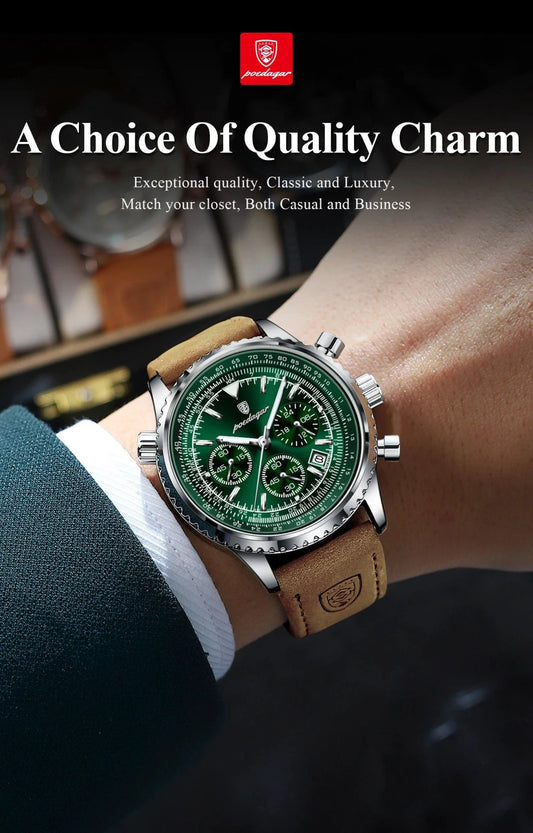 Mandotos POEDAGAR men's luxury quartz chronograph watch with leather strap, waterproof, luminous dial, military sports style.