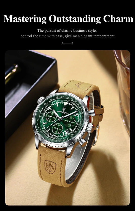 Mandotos POEDAGAR men's luxury quartz chronograph watch with waterproof leather strap, luminous dial, military sports style.
