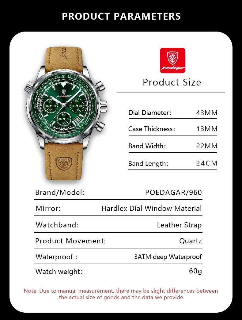 POEDAGAR Luxury Man Watch Quartz Waterproof Luminous Date Chronograph Leather Men Wristwatch Military Sports Men's Watches Reloj - MANDOTOS