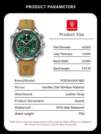 POEDAGAR Luxury Man Watch Quartz Waterproof Luminous Date Chronograph Leather Men Wristwatch Military Sports Men's Watches Reloj - MANDOTOS