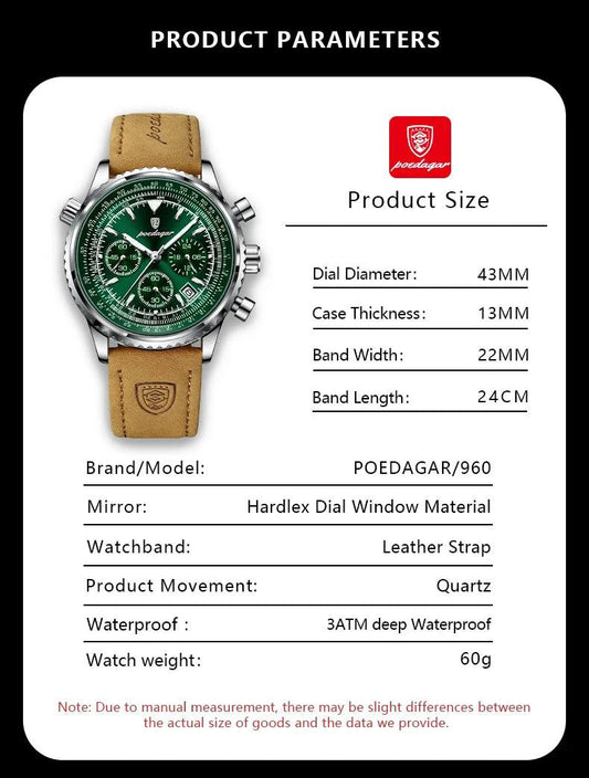 Mandotos POEDAGAR men's luxury quartz chronograph watch with waterproof design, luminous dial, leather strap, military sports style.