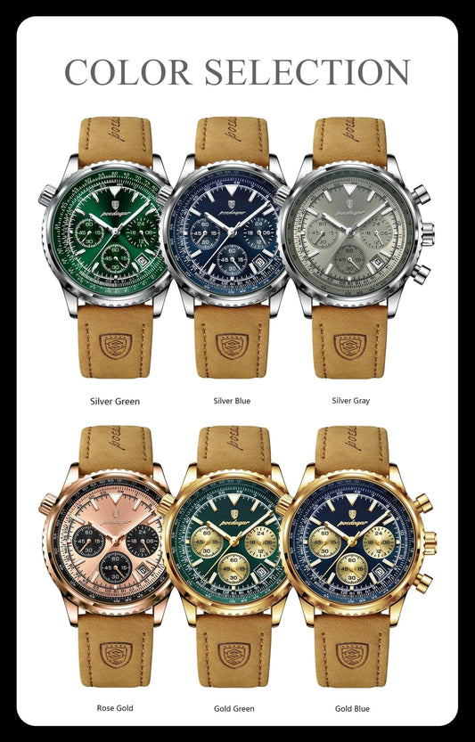 Mandotos POEDAGAR men's luxury quartz chronograph watch with waterproof leather strap, luminous dial, and military sports style design.