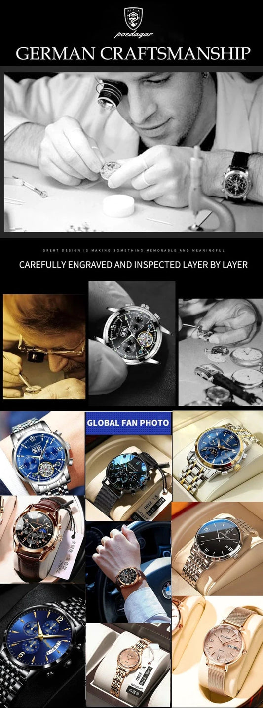Mandotos POEDAGAR men's luxury quartz chronograph watch with waterproof design, luminous dial, leather strap, military sports style.