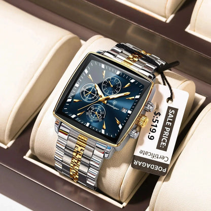 POEDAGAR Men's Square Chronograph Watch - Luminous Waterproof Stainless Steel Quartz Wristwatch - MANDOTOS