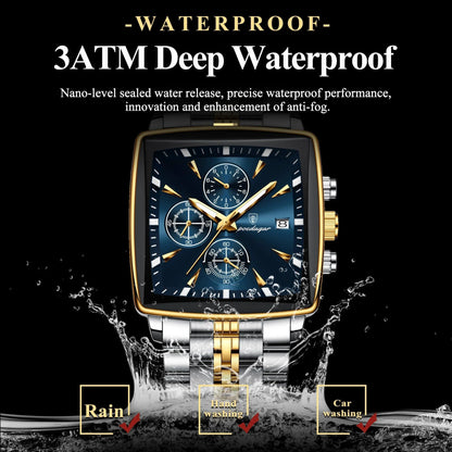 POEDAGAR Men's Square Chronograph Watch - Luminous Waterproof Stainless Steel Quartz Wristwatch - MANDOTOS
