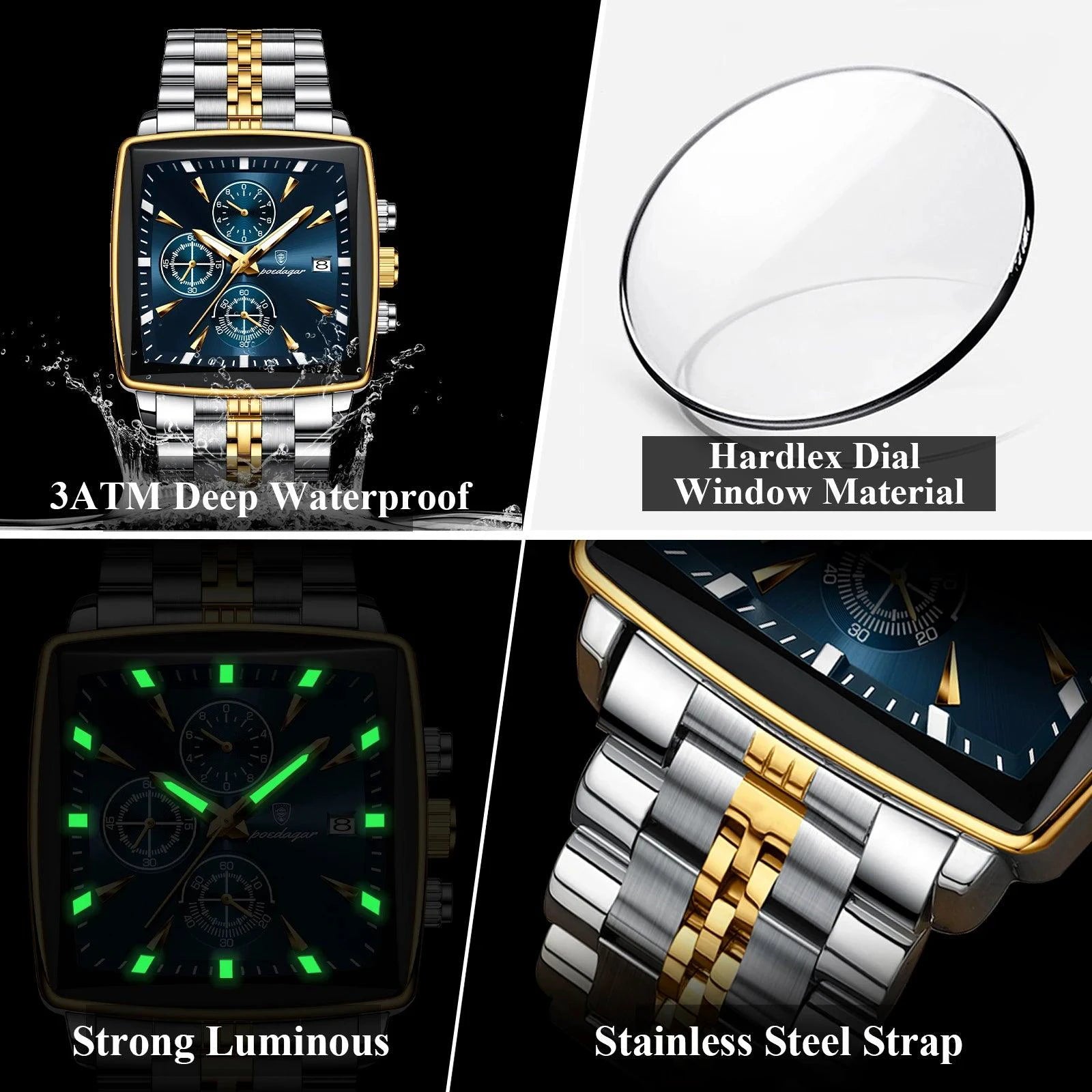 POEDAGAR Men's Square Chronograph Watch - Luminous Waterproof Stainless Steel Quartz Wristwatch - MANDOTOS