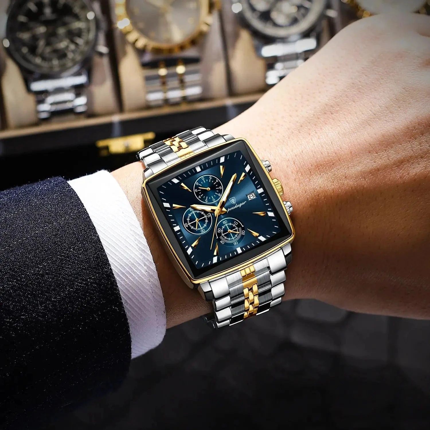 POEDAGAR Men's Square Chronograph Watch - Luminous Waterproof Stainless Steel Quartz Wristwatch - MANDOTOS