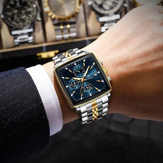 Mandotos POEDAGAR men's square chronograph watch with luminous dial, waterproof stainless steel case, and quartz movement.