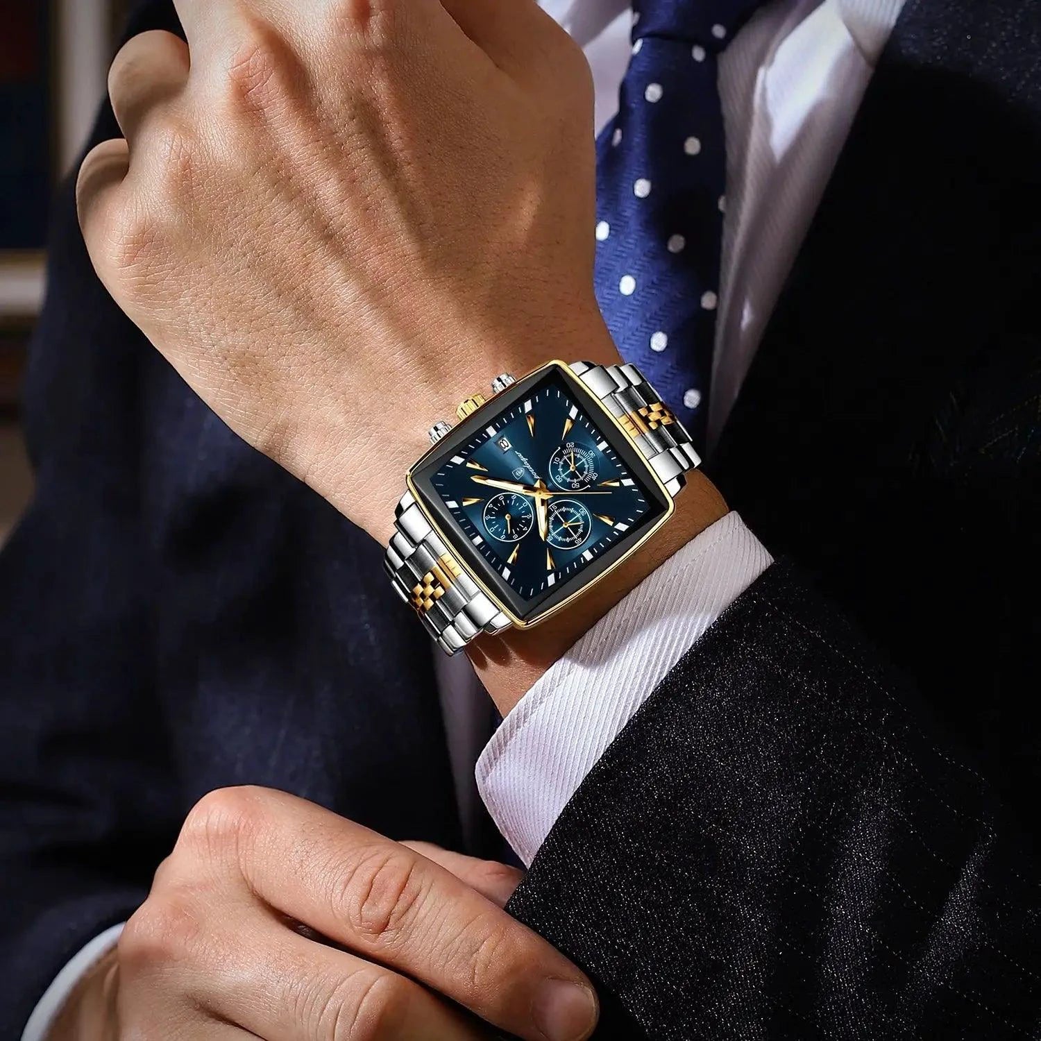 POEDAGAR Men's Square Chronograph Watch - Luminous Waterproof Stainless Steel Quartz Wristwatch - MANDOTOS