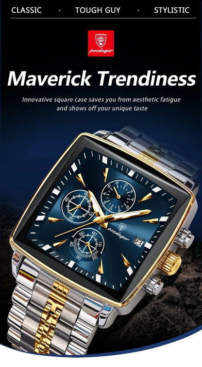 POEDAGAR Men's Square Chronograph Watch - Luminous Waterproof Stainless Steel Quartz Wristwatch - MANDOTOS