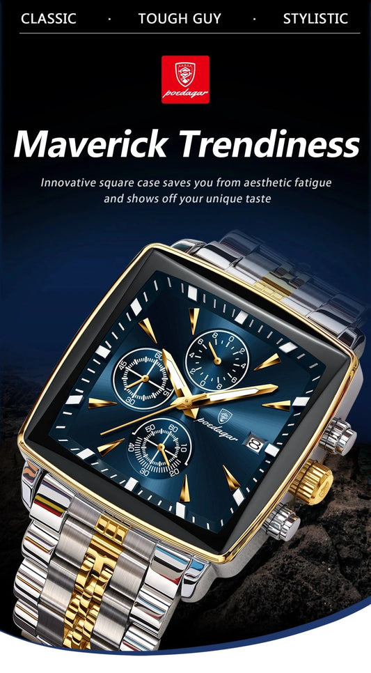 Mandotos POEDAGAR men's square chronograph watch with luminous dial, waterproof stainless steel case, and quartz movement.