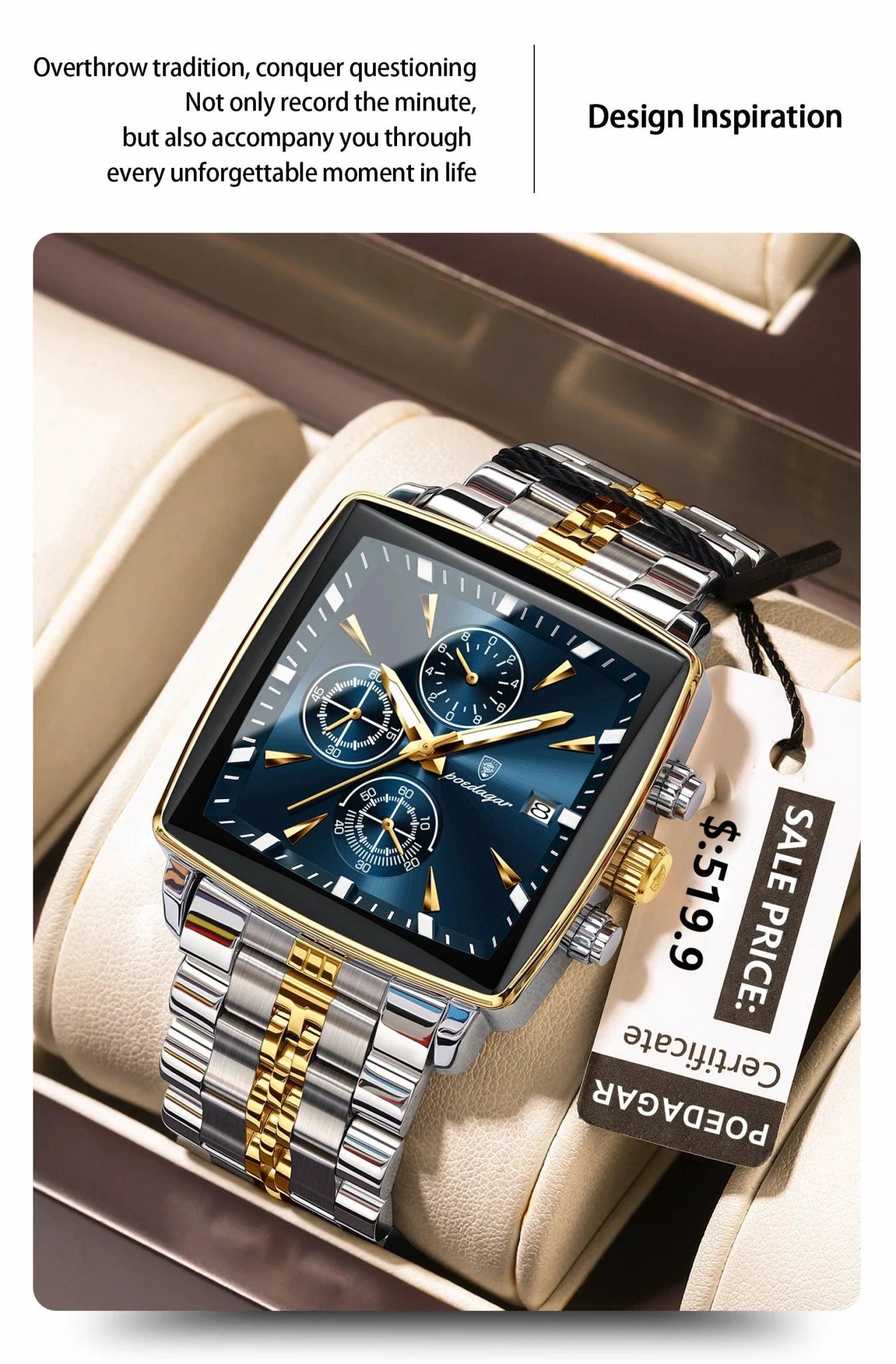 POEDAGAR Men's Square Chronograph Watch - Luminous Waterproof Stainless Steel Quartz Wristwatch - MANDOTOS