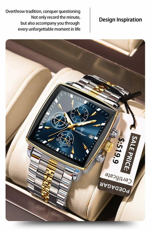 Mandotos POEDAGAR men's square chronograph watch with luminous dial, waterproof stainless steel case, and quartz movement.