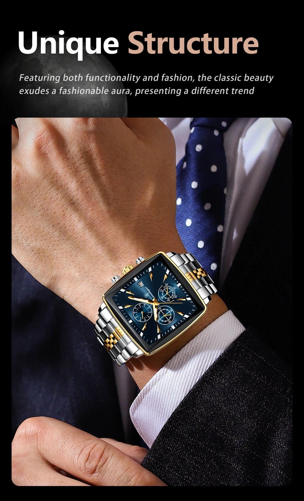 POEDAGAR Men's Square Chronograph Watch - Luminous Waterproof Stainless Steel Quartz Wristwatch - MANDOTOS