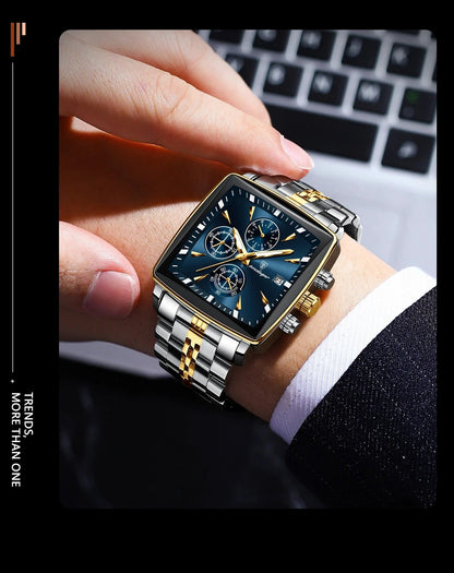 POEDAGAR Men's Square Chronograph Watch - Luminous Waterproof Stainless Steel Quartz Wristwatch - MANDOTOS