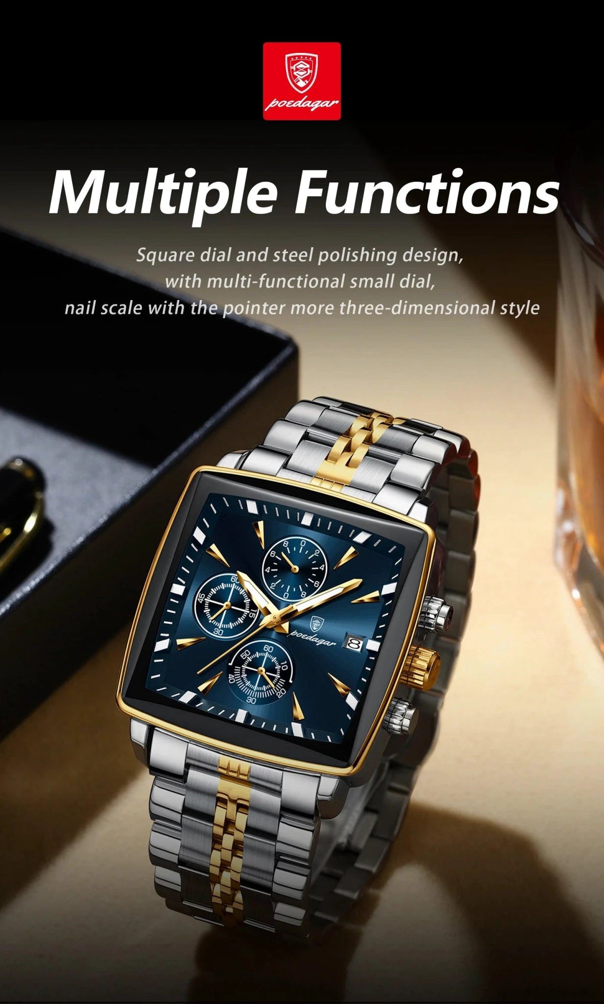 POEDAGAR Men's Square Chronograph Watch - Luminous Waterproof Stainless Steel Quartz Wristwatch - MANDOTOS