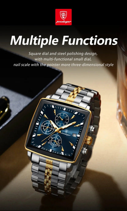 POEDAGAR Men's Square Chronograph Watch - Luminous Waterproof Stainless Steel Quartz Wristwatch - MANDOTOS