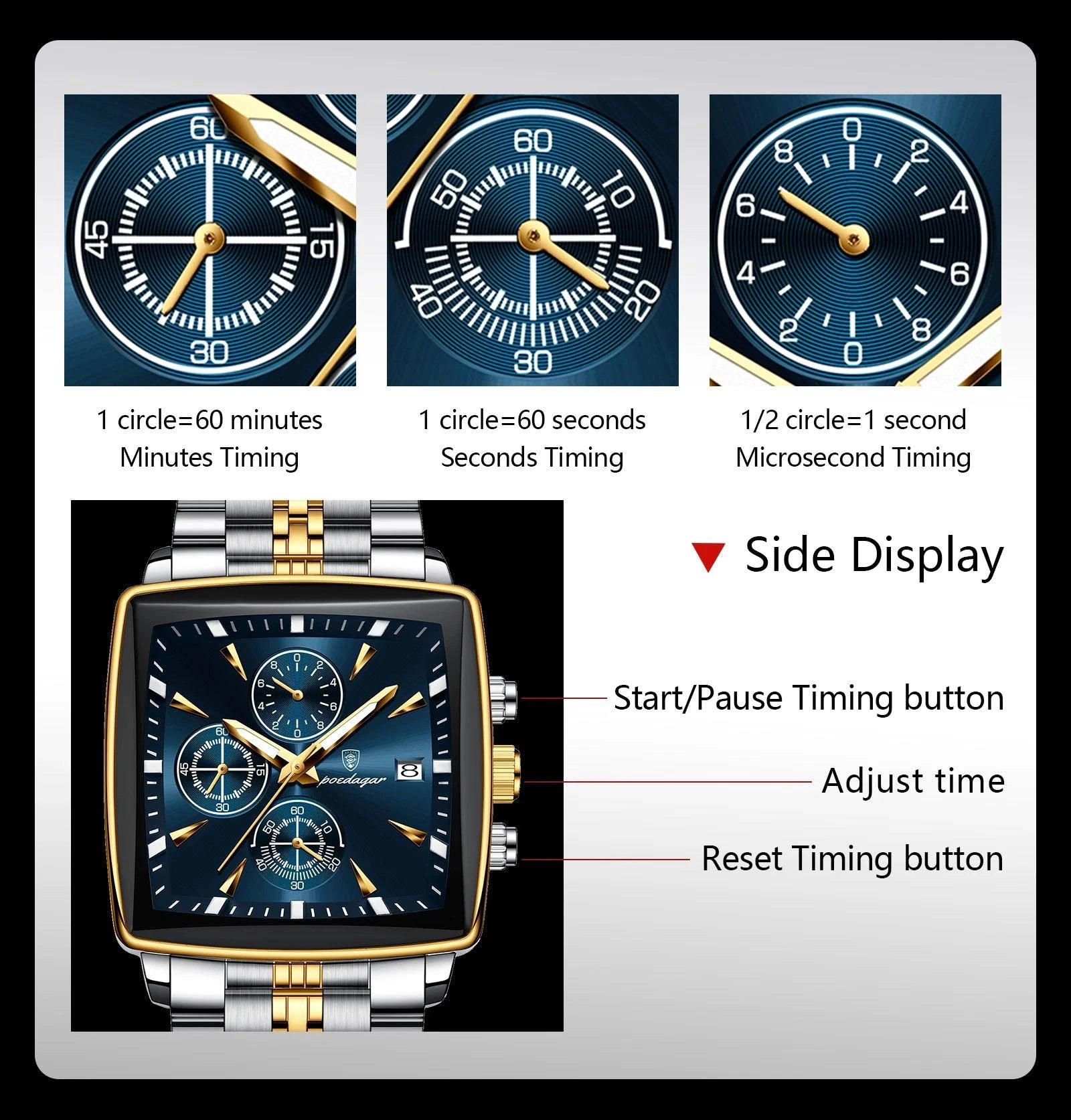 POEDAGAR Men's Square Chronograph Watch - Luminous Waterproof Stainless Steel Quartz Wristwatch - MANDOTOS