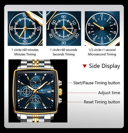 POEDAGAR Men's Square Chronograph Watch - Luminous Waterproof Stainless Steel Quartz Wristwatch - MANDOTOS