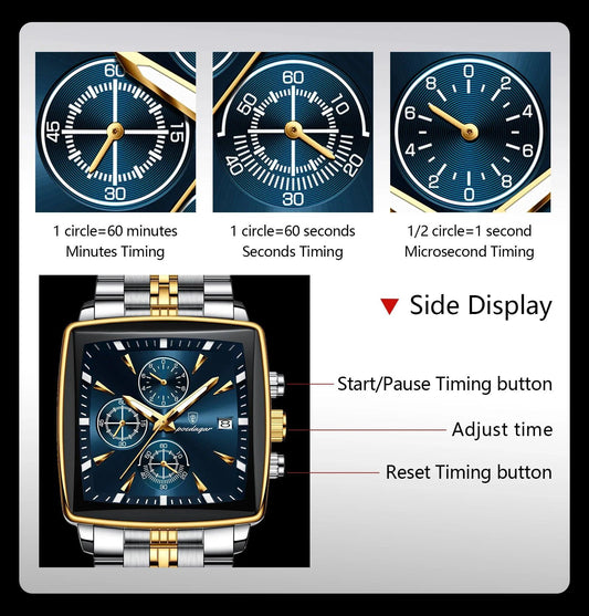 Mandotos POEDAGAR men's square chronograph watch with luminous display, waterproof stainless steel case, and quartz movement.