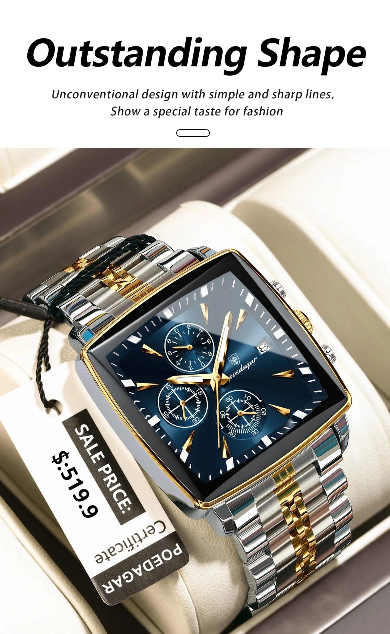 POEDAGAR Men's Square Chronograph Watch - Luminous Waterproof Stainless Steel Quartz Wristwatch - MANDOTOS