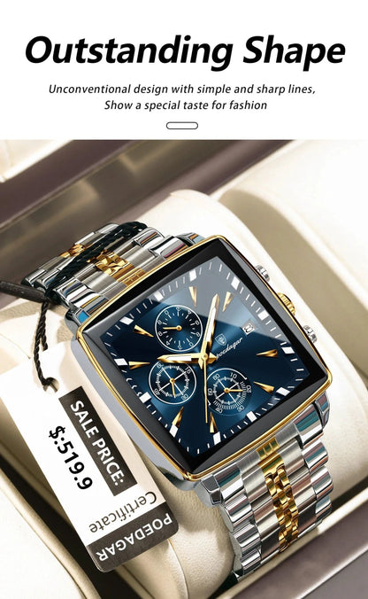 POEDAGAR Men's Square Chronograph Watch - Luminous Waterproof Stainless Steel Quartz Wristwatch - MANDOTOS