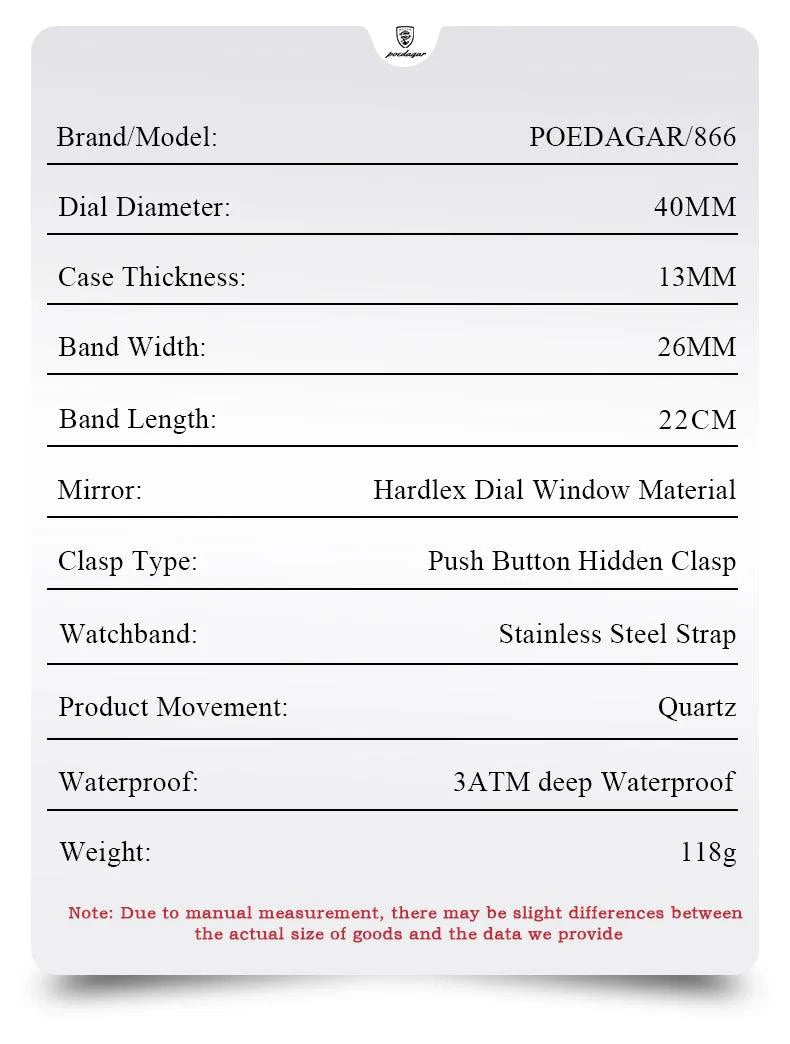 POEDAGAR Men's Square Chronograph Watch - Luminous Waterproof Stainless Steel Quartz Wristwatch - MANDOTOS