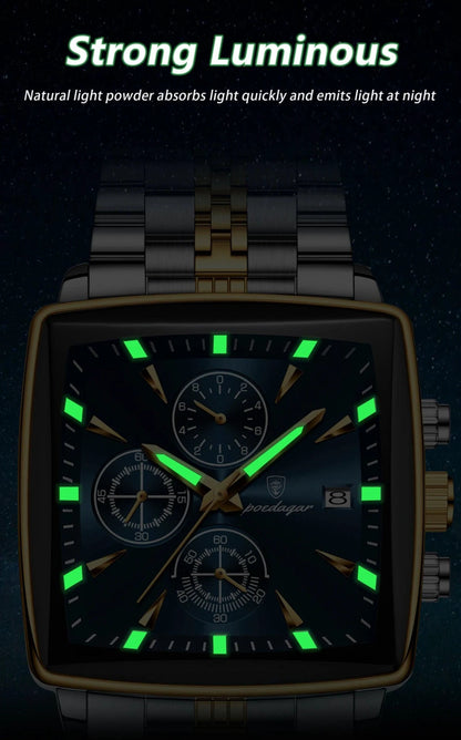 POEDAGAR Men's Square Chronograph Watch - Luminous Waterproof Stainless Steel Quartz Wristwatch - MANDOTOS