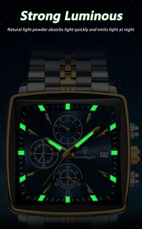 Mandotos POEDAGAR men's square chronograph watch with luminous dial, waterproof stainless steel case, and quartz movement.