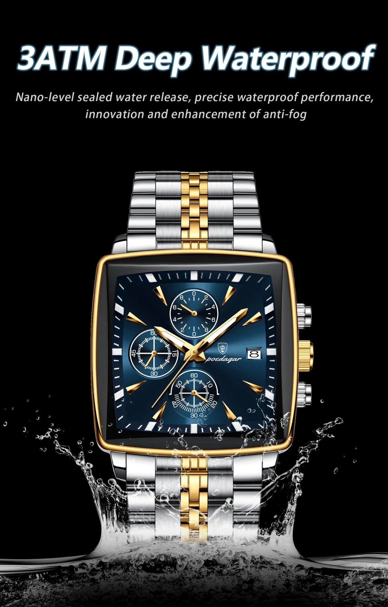 POEDAGAR Men's Square Chronograph Watch - Luminous Waterproof Stainless Steel Quartz Wristwatch - MANDOTOS