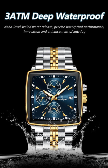 POEDAGAR Men's Square Chronograph Watch - Luminous Waterproof Stainless Steel Quartz Wristwatch - MANDOTOS