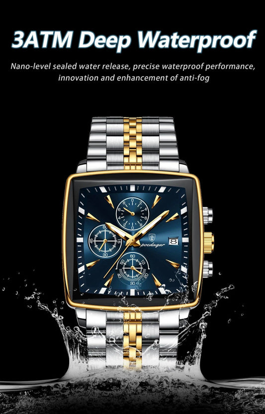 Mandotos POEDAGAR men's square chronograph watch with luminous dial, waterproof stainless steel case, and quartz movement.