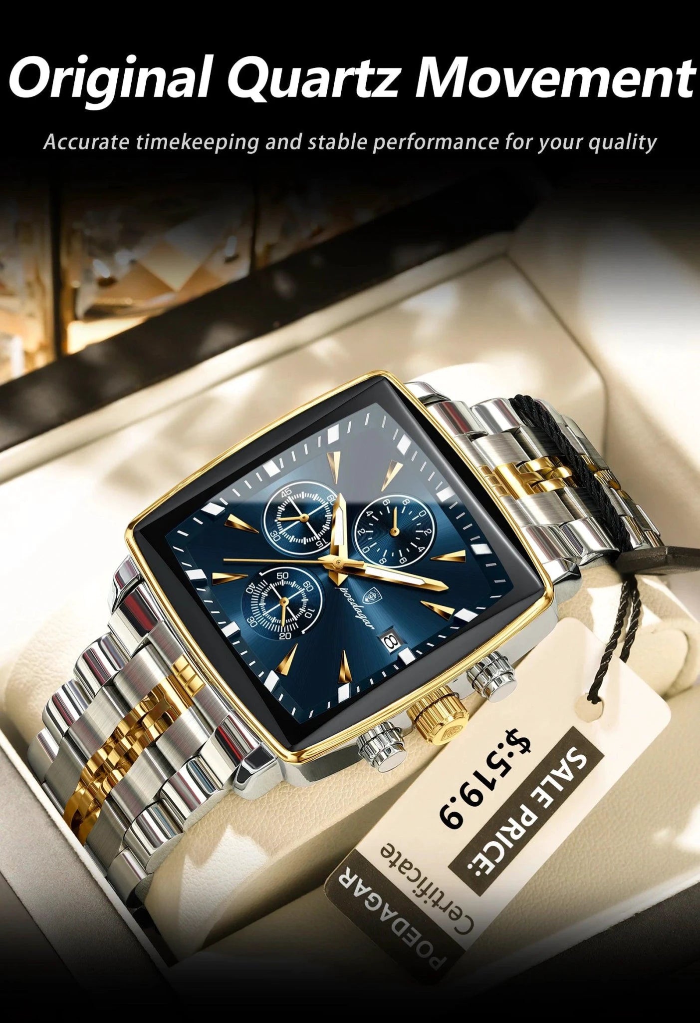 POEDAGAR Men's Square Chronograph Watch - Luminous Waterproof Stainless Steel Quartz Wristwatch - MANDOTOS