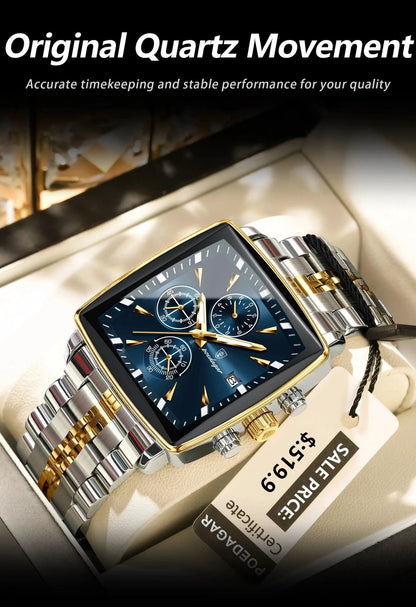 POEDAGAR Men's Square Chronograph Watch - Luminous Waterproof Stainless Steel Quartz Wristwatch - MANDOTOS