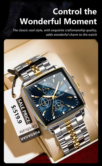 POEDAGAR Men's Square Chronograph Watch - Luminous Waterproof Stainless Steel Quartz Wristwatch - MANDOTOS