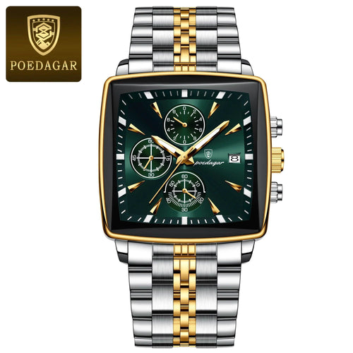 Mandotos POEDAGAR men's square chronograph watch with luminous dial, waterproof stainless steel case, and quartz movement.