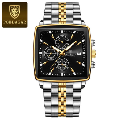 POEDAGAR Men's Square Chronograph Watch - Luminous Waterproof Stainless Steel Quartz Wristwatch - MANDOTOS
