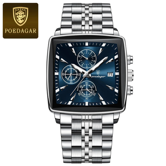 Mandotos POEDAGAR men's square chronograph watch with luminous dial, waterproof stainless steel case, and quartz movement.