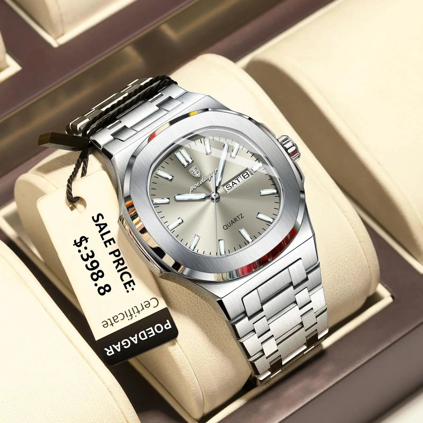 POEDAGAR Luxury Military Man Watch Square Waterproof Luminous Date Week Men Watch Stainless Steel Quartz Men's Watches Reloj+box - MANDOTOS
