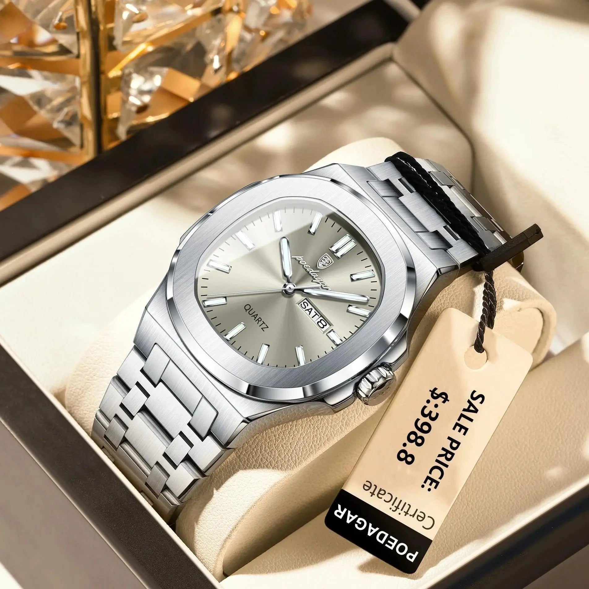 POEDAGAR Luxury Military Man Watch Square Waterproof Luminous Date Week Men Watch Stainless Steel Quartz Men's Watches Reloj+box - MANDOTOS