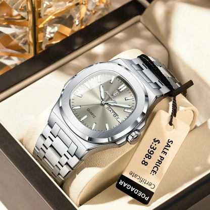 POEDAGAR Luxury Military Man Watch Square Waterproof Luminous Date Week Men Watch Stainless Steel Quartz Men's Watches Reloj+box - MANDOTOS