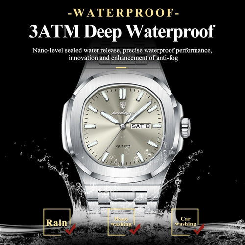 Mandotos POEDAGAR military square men's watch with stainless steel case, luminous dial, waterproof design, and date-week display.