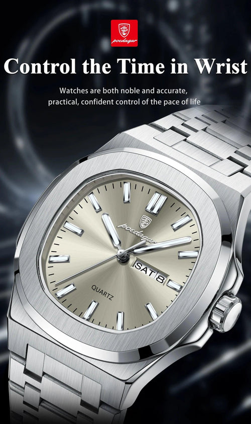 Mandotos POEDAGAR military square men's watch with stainless steel case, waterproof design, luminous dial, date, and week display.