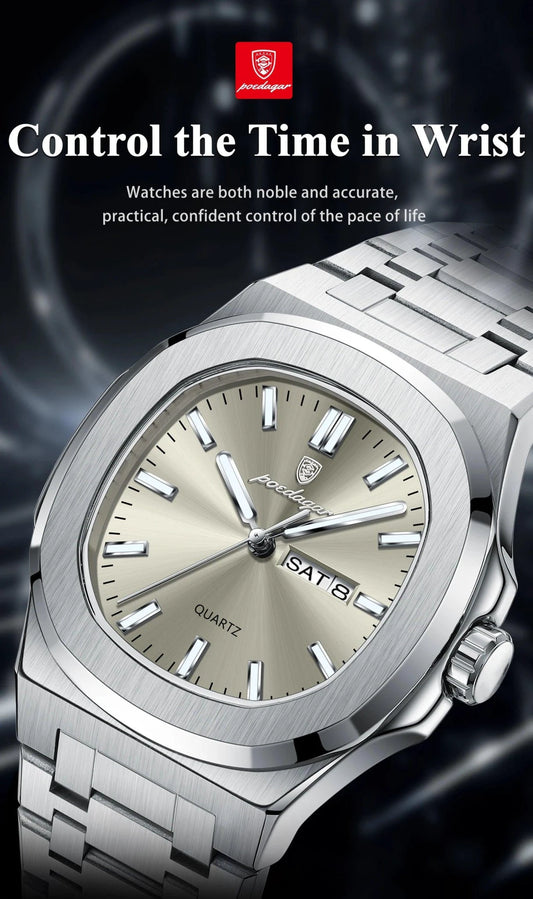 Mandotos POEDAGAR military square men's watch with stainless steel case, waterproof design, luminous dial, date, and week display.