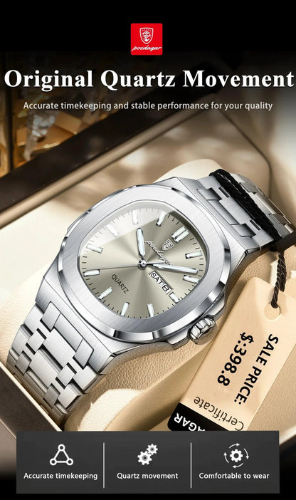 POEDAGAR Luxury Military Man Watch Square Waterproof Luminous Date Week Men Watch Stainless Steel Quartz Men's Watches Reloj+box - MANDOTOS