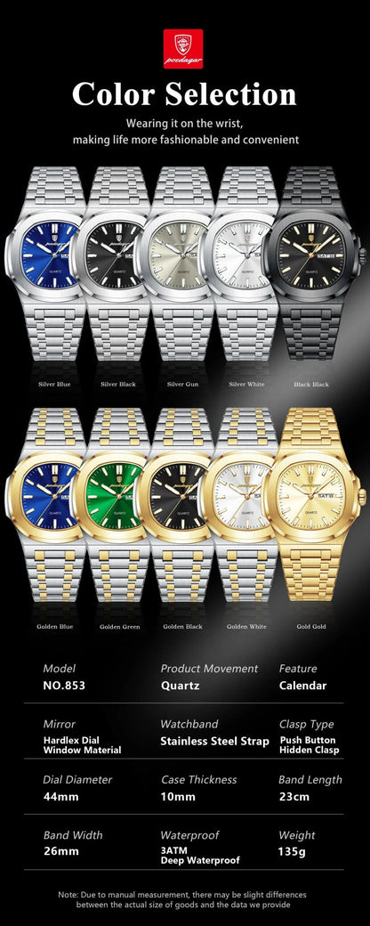 POEDAGAR Luxury Military Man Watch Square Waterproof Luminous Date Week Men Watch Stainless Steel Quartz Men's Watches Reloj+box - MANDOTOS