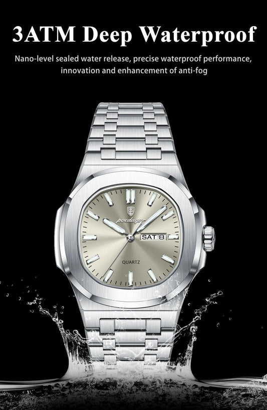 Mandotos POEDAGAR military square men's watch with stainless steel band, waterproof, luminous dial, date and week display.
