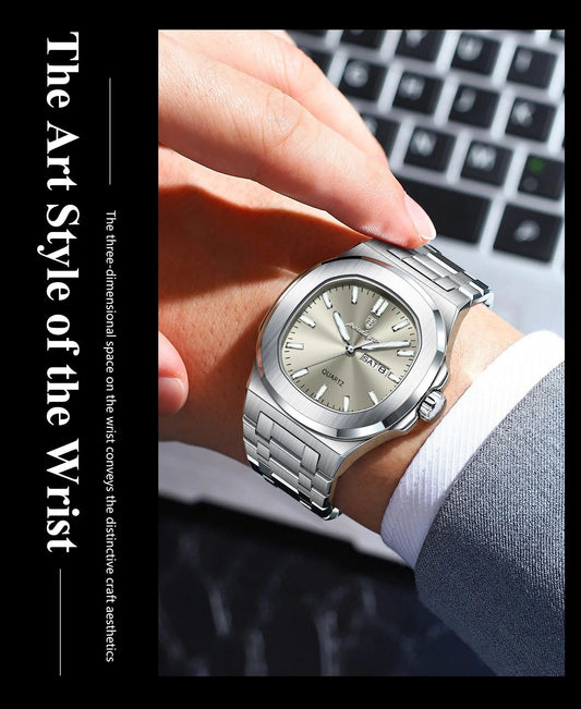 Mandotos POEDAGAR military square men's watch with stainless steel case, luminous dial, waterproof design, and date and week display.